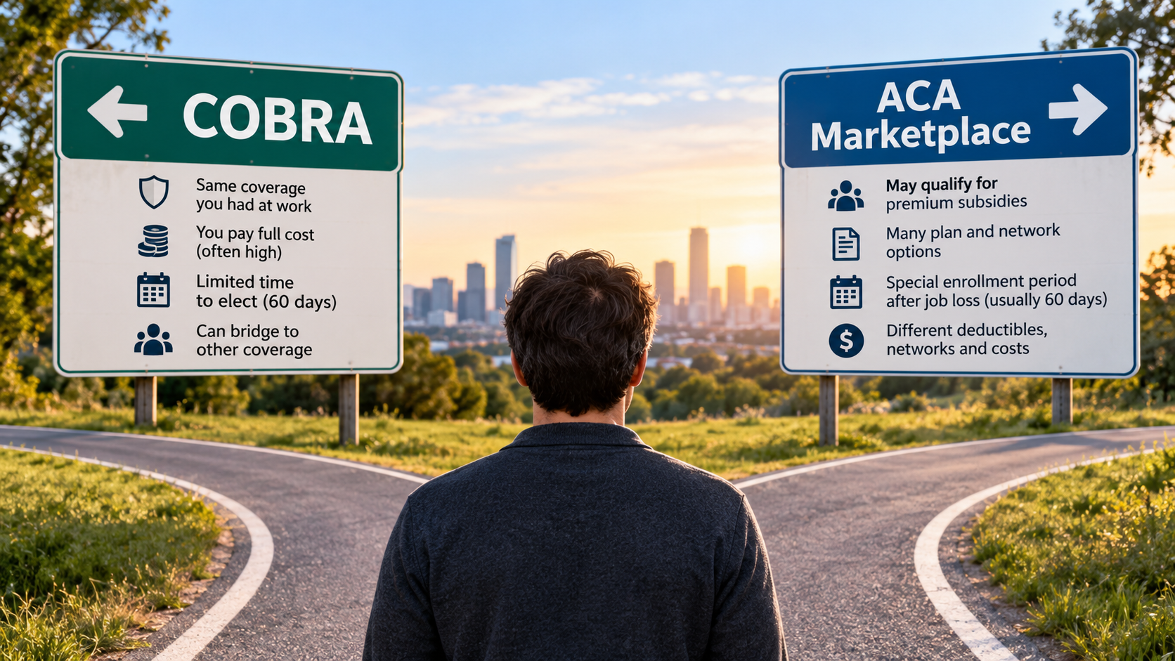 Illustration of a person choosing between COBRA continuation coverage and ACA Marketplace health insurance.