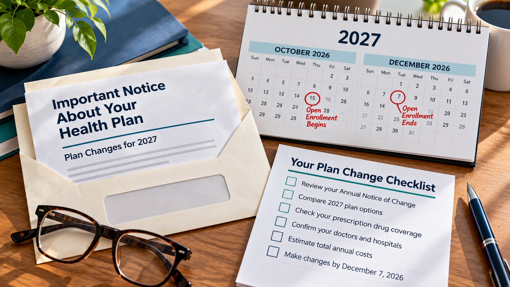 Illustration of a Medicare plan-change notice and checklist with October 15 and December 7 enrollment dates.