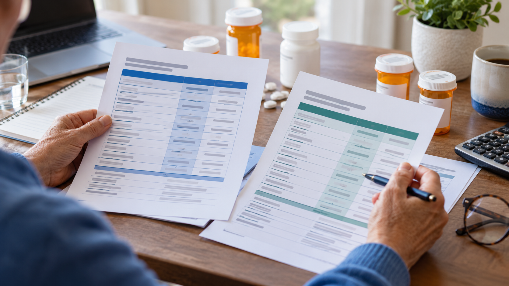 Adult comparing Medicare prescription drug plan cost summaries beside medications and a calculator