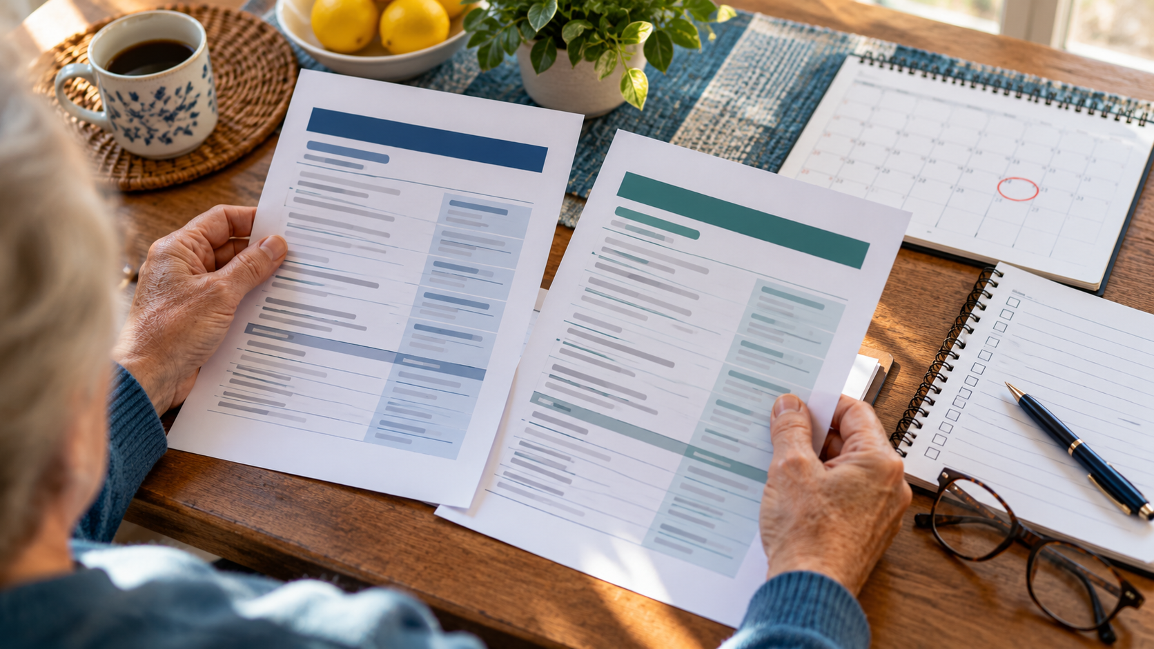 Older adult comparing insurance plan documents and enrollment dates at a table.